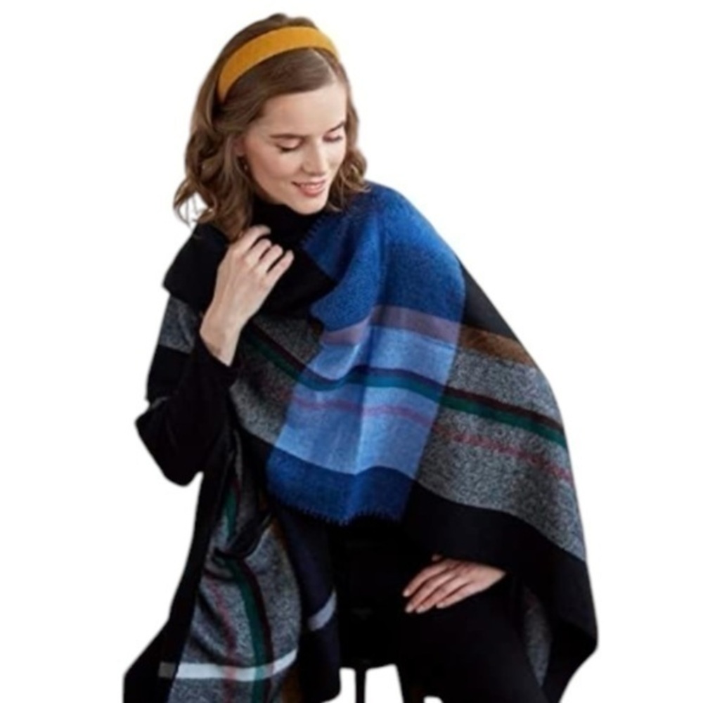 New With Tag Shiraleah Luca Black And Blue Plaid Cape Shawl, Multicolor One Size
